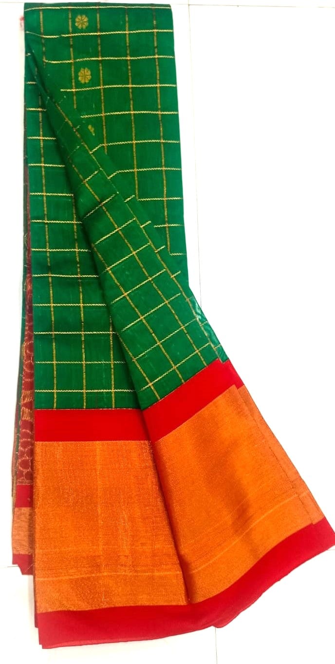  Green and gold zari checked patola silk saree with contrast red and gold border