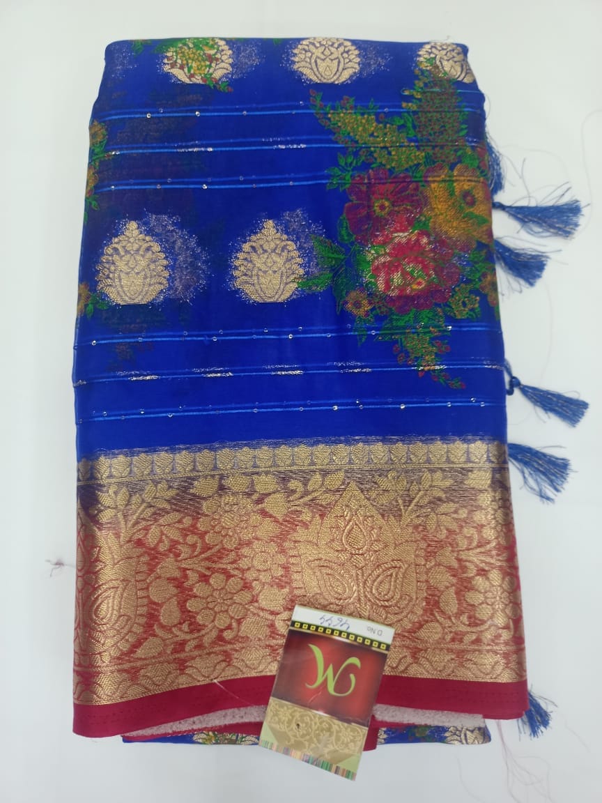  Blue Saree With Golden Zari Border And Floral Buttas