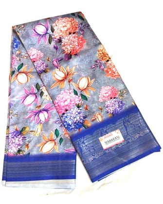  Grey Floral Saree With Blue Border