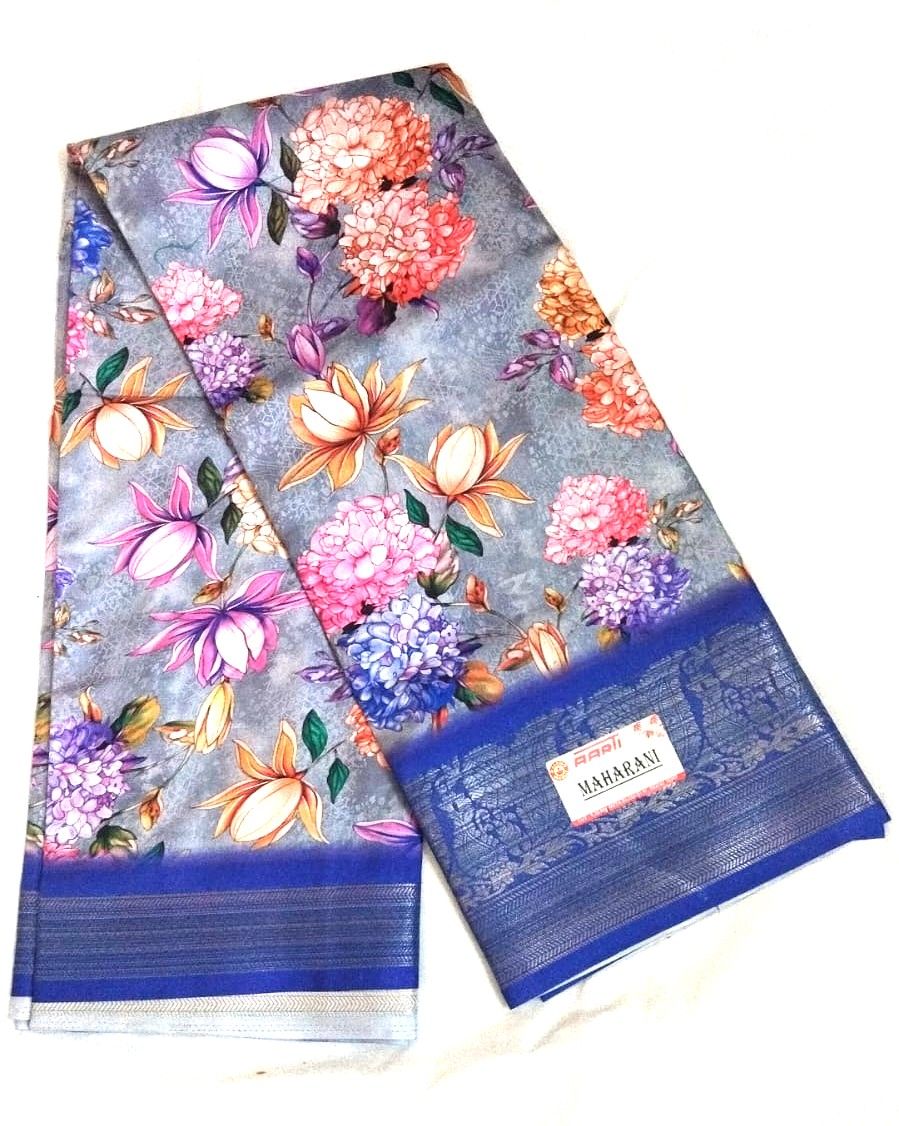  Grey Floral Saree With Blue Border