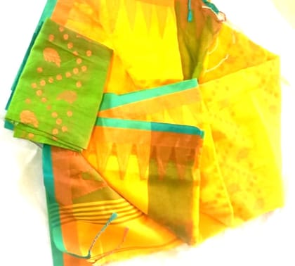  Yellow and Green Pure Handloom Cotton Saree With Blouse Piece