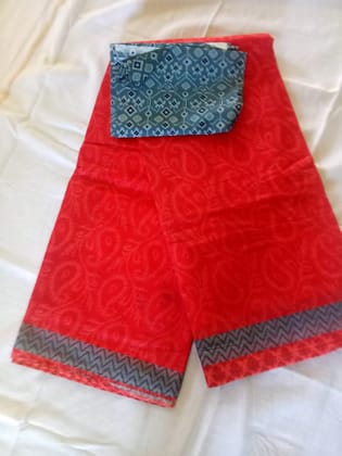  Red and Blue Cotton Saree With Blouse Piece