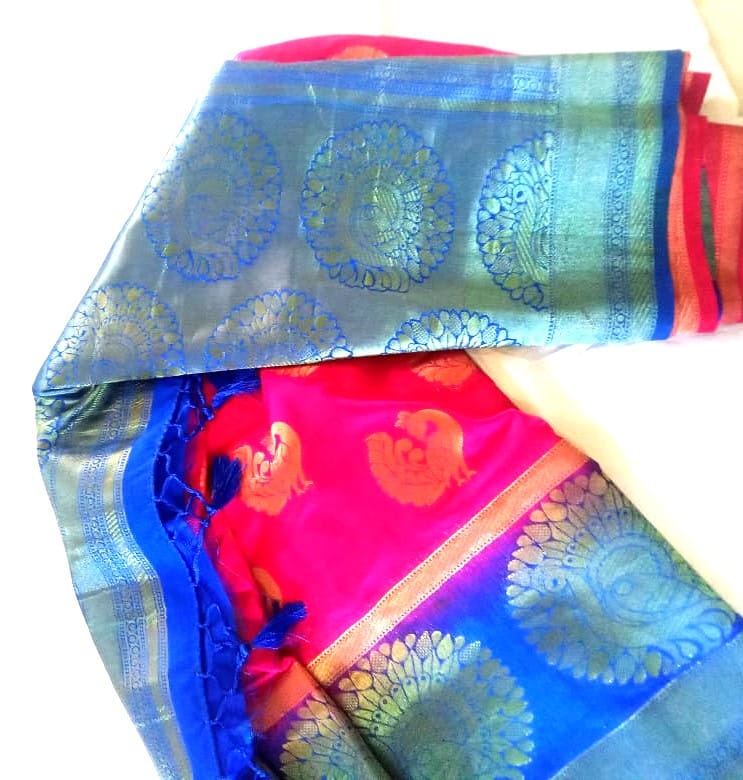 Pink &Blue &Peacock Color Butta Soft Silk Saree With Contrast Blouse