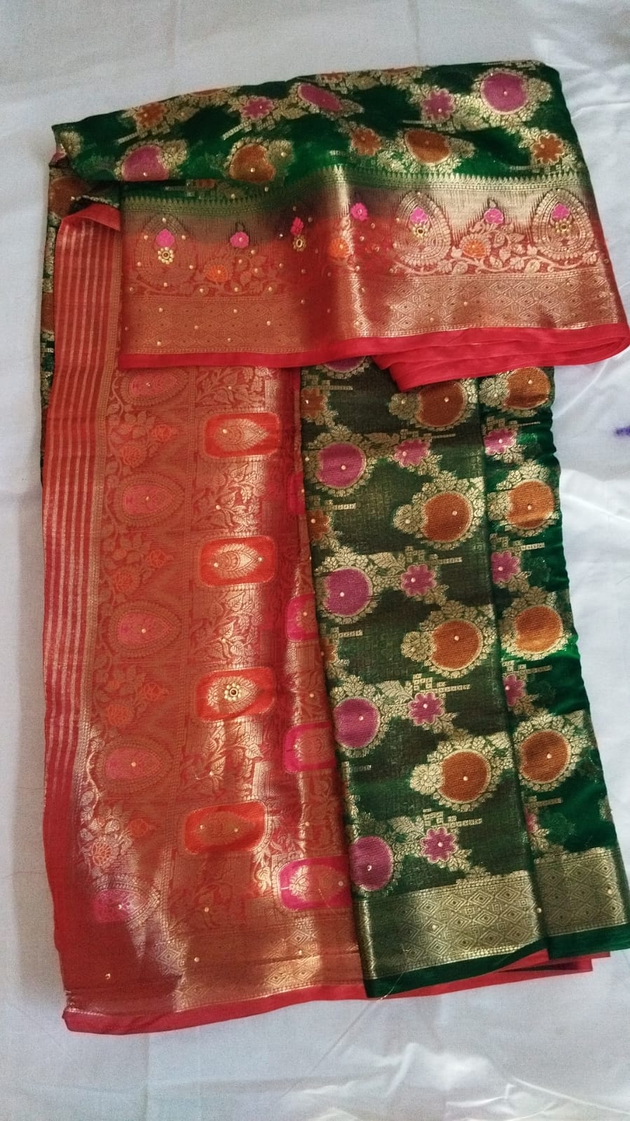  Green and Red Banarasi Silk Saree with Blouse Piece