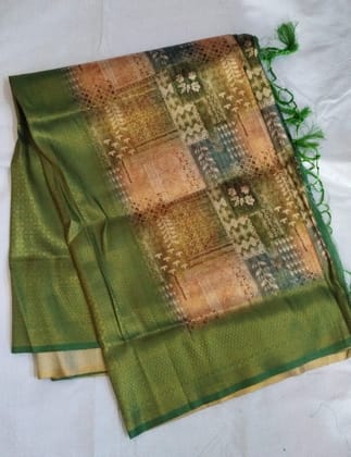  Green and gold zari woven soft silk saree with blouse piece