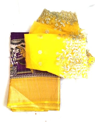  Yellow and Purple Saree with Blouse Piece and Net Dupatta