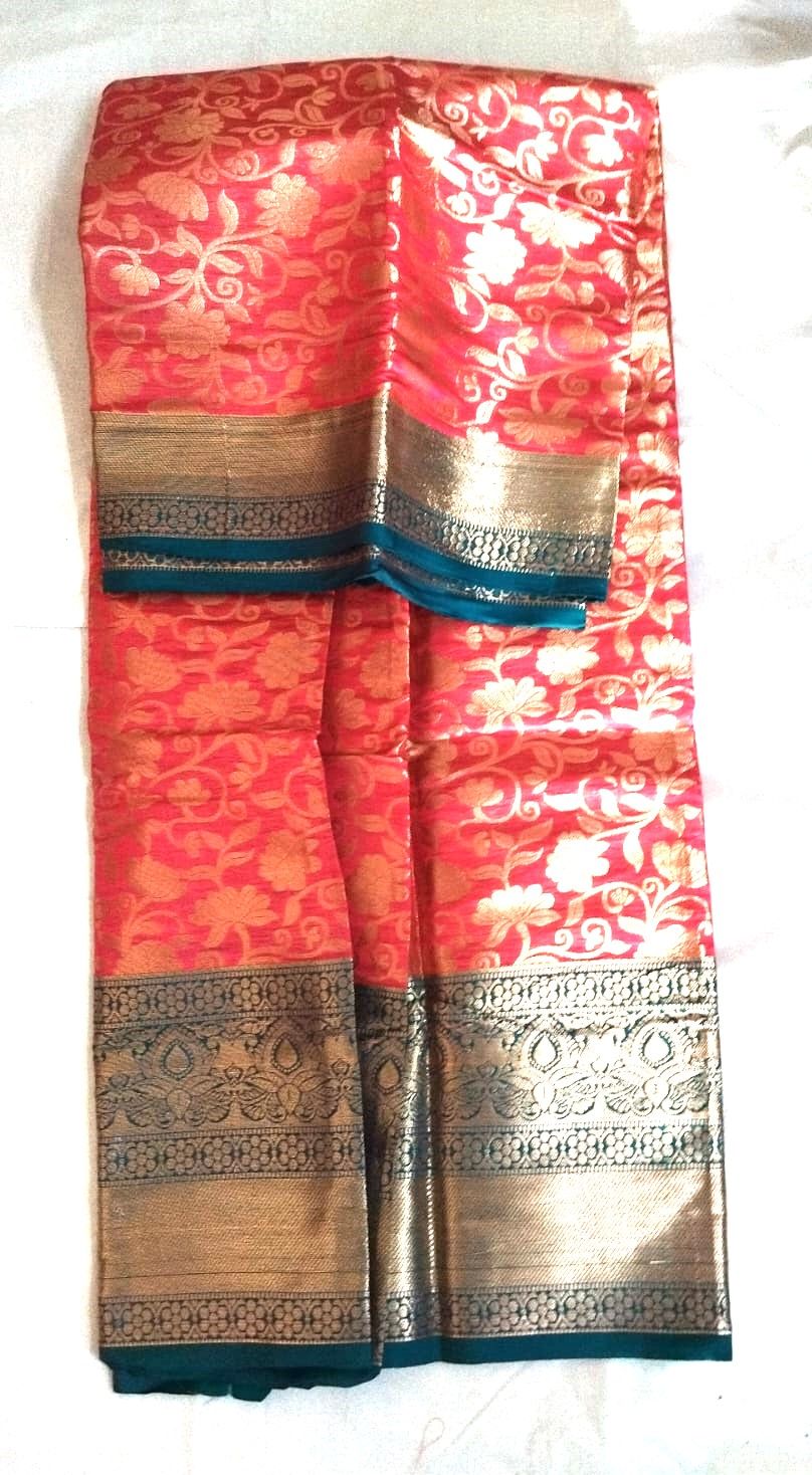  Red and gold zari woven Kanjivaram silk saree with blouse piece