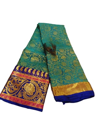 Green and gold zari woven Kanjivaram silk saree with contrast border