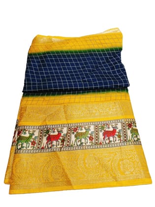 Yellow and Blue Traditional Saree With Deer Print