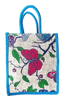  Jute tote bag with a colorful butterfly pattern