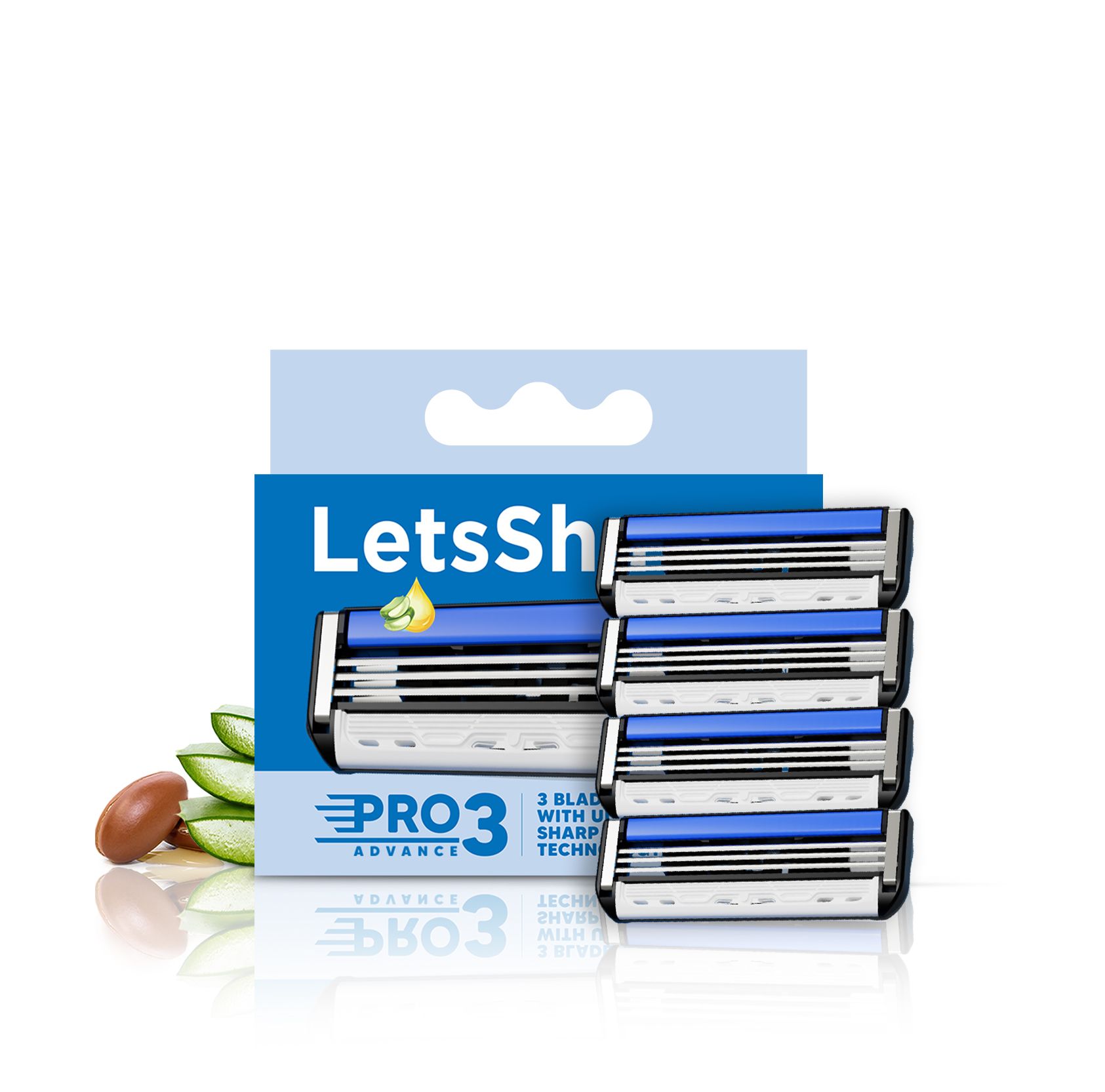 LetsShave Pro 3 Shaving Razor Blade for Men|Made in South Korea|Lubricating Strip with Aloe Vera & Vitamin E |4 Blade Full Body Razor | Rubber Guard & Open Flow Architecture - Pack of 4 Blade Refills