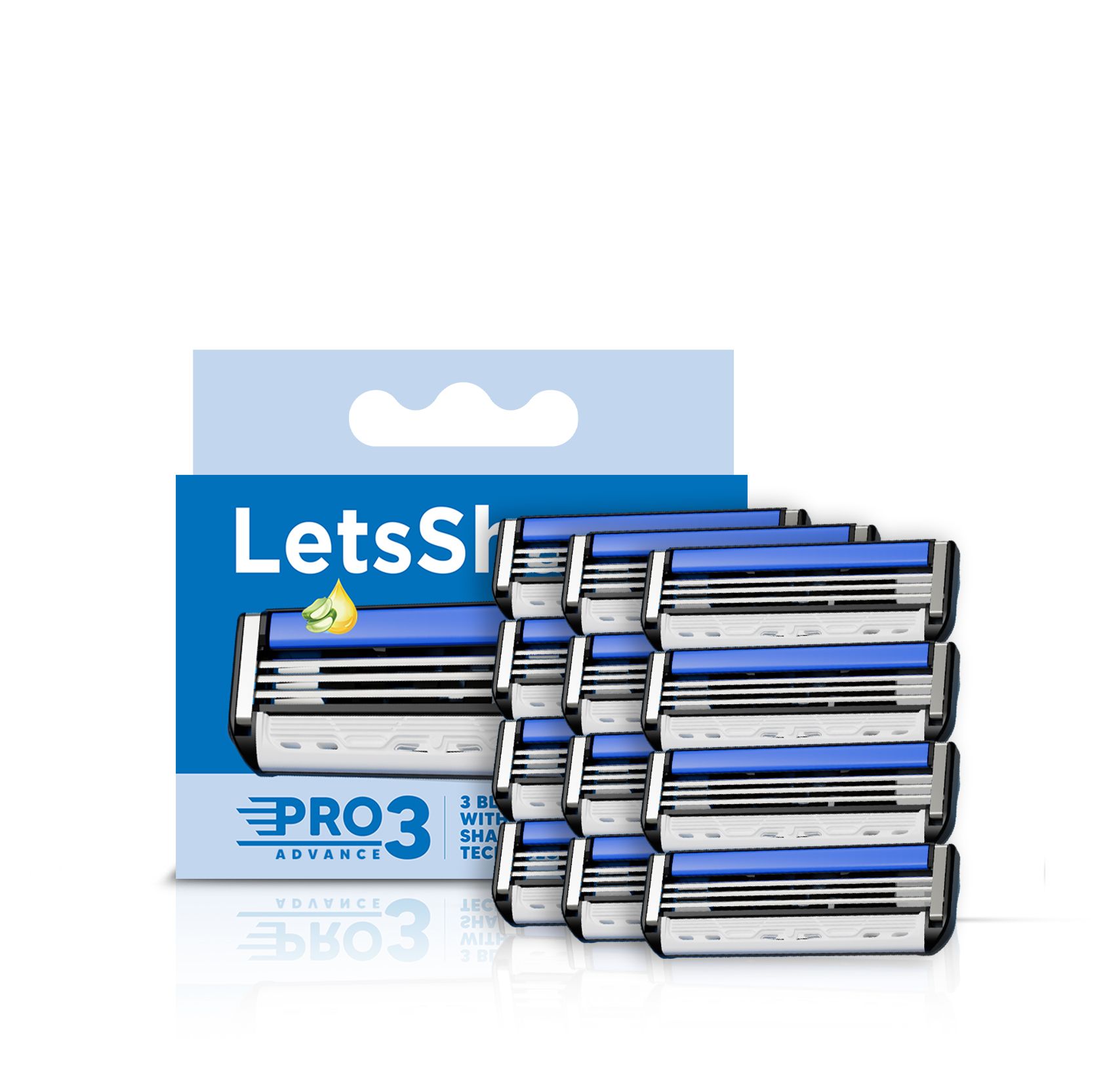 LetsShave Pro 3 Shaving Razor Blade for Men | Made in South Korea | Lubricating Strip with Aloe Vera & Vitamin E | 3 Blade Razor | Rubber Guard & Open Flow Architecture - Pack of 12 Blade Refills