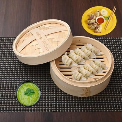 ABHAS® Dimsum Basket Round Shape Steamer|Bamboo Basket|Momo Steamer|Dimsum Basket With 10-Sheets Parchment Paper|Bamboo Basket With Lid|Momo Bamboo Box |Dimsum Vegetable Dumpling Momo Basket|8" Inch|With 10 Pcs Parchment Paper Sheets (17.78 cm)