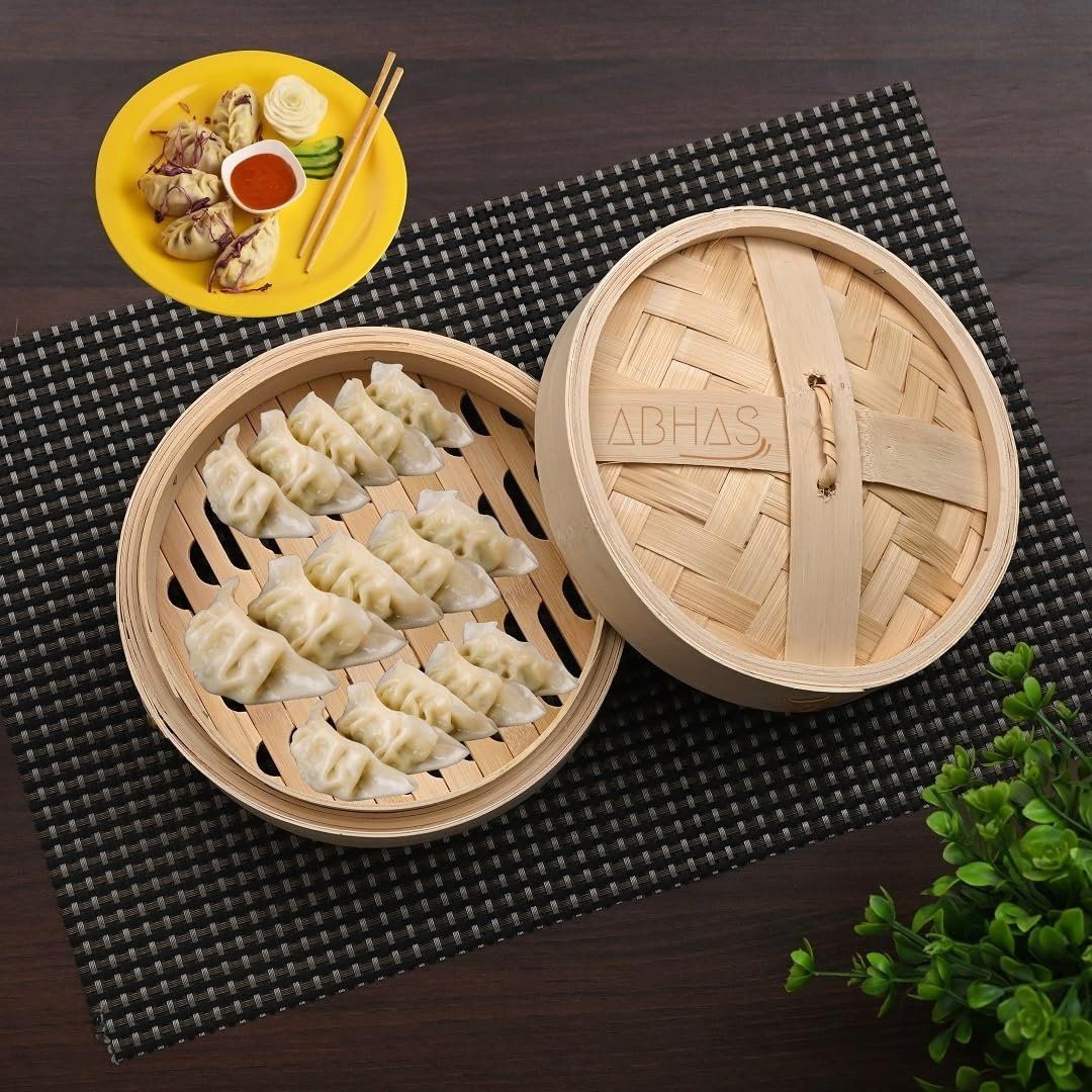 ABHAS® Dimsum Basket Round Shape Steamer | Bamboo Basket | Momo Steamer | 8-Inch with 10 Parchment Paper Sheets (17.78 cm)