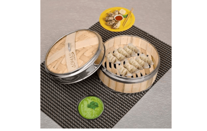 ABHAS® Dimsum Basket Round Shape Steamer | Steel Lined Bamboo Basket | Momo Steamer