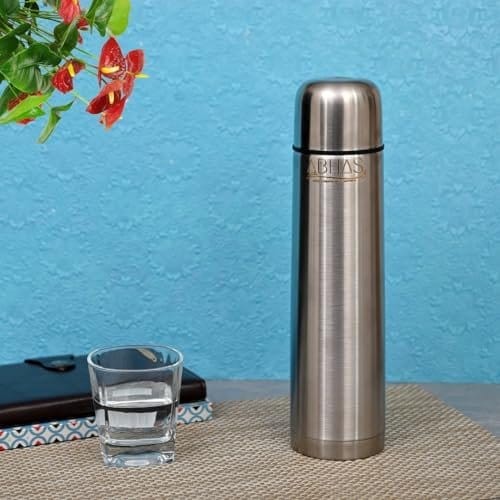 ABHAS® Thermosteel Flask | 1L Capacity Bottle | Heavy Duty Steel | Double Wall Fully Insulated Flip Lid Flask Bottle | Maintains Temperature Up to 18 Hours | Includes 1 Bottle and 1 Traveling Bag