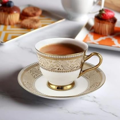 ABHAS® White Golden Royal Design Tea Saucer Cup | Set of 6 Tea Cups | 6 Saucers | 170ml |