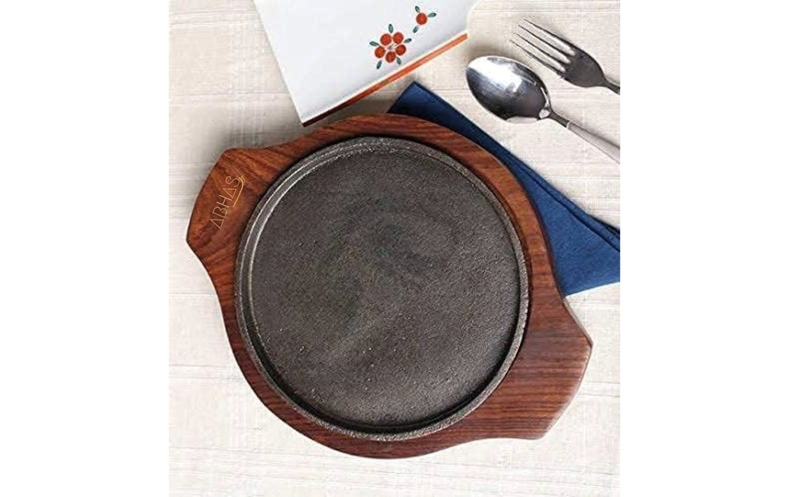 ABHAS® 7.50x6" Sizzler Tray With Heavy Duty Wooden Base And Cast Iron Plate 7.50x6" Inch (Clean With Musturd Oil To Remove Rust) (Small For Brownie)