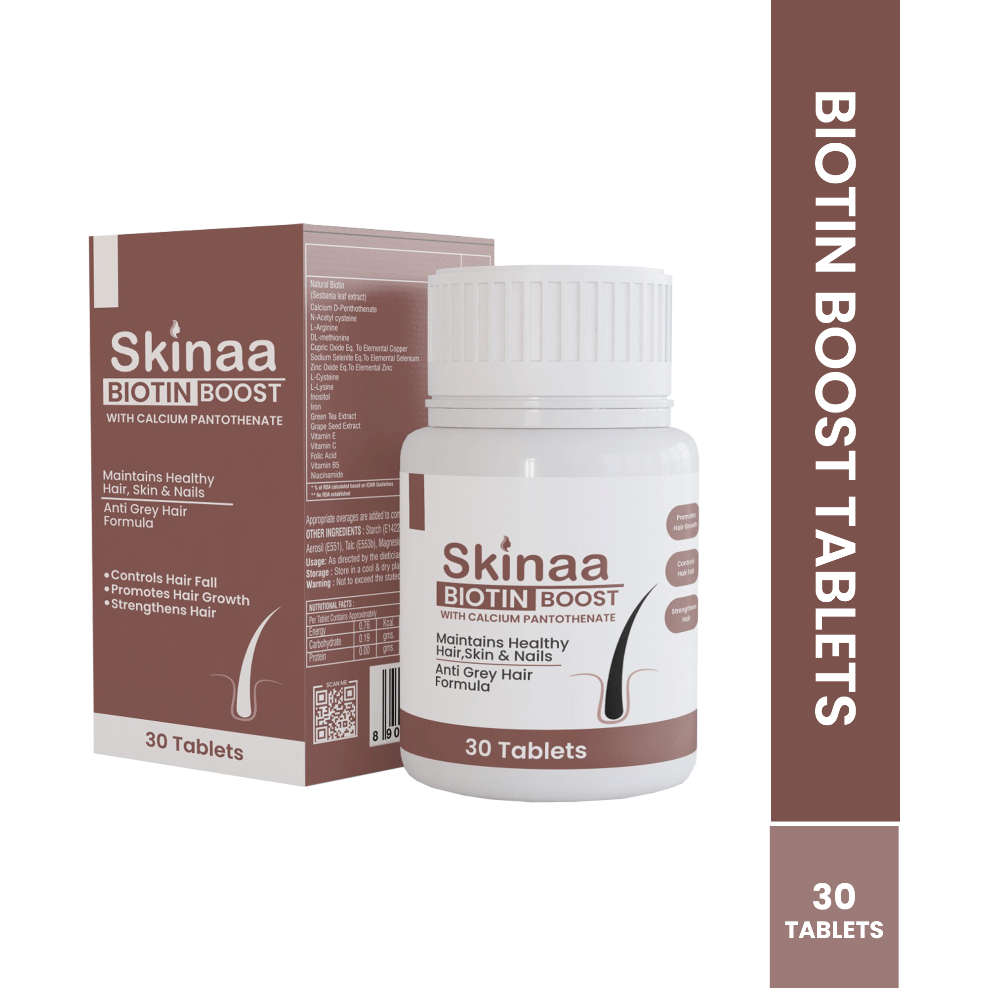 Skinaa Biotin Boost 30 Tabs | Nourish Hair, Skin & Nails with Biotin, Calcium & Piperine | Complete Care