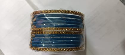  Set of 8 Glass Bangles with Rhinestone Accents - Blue