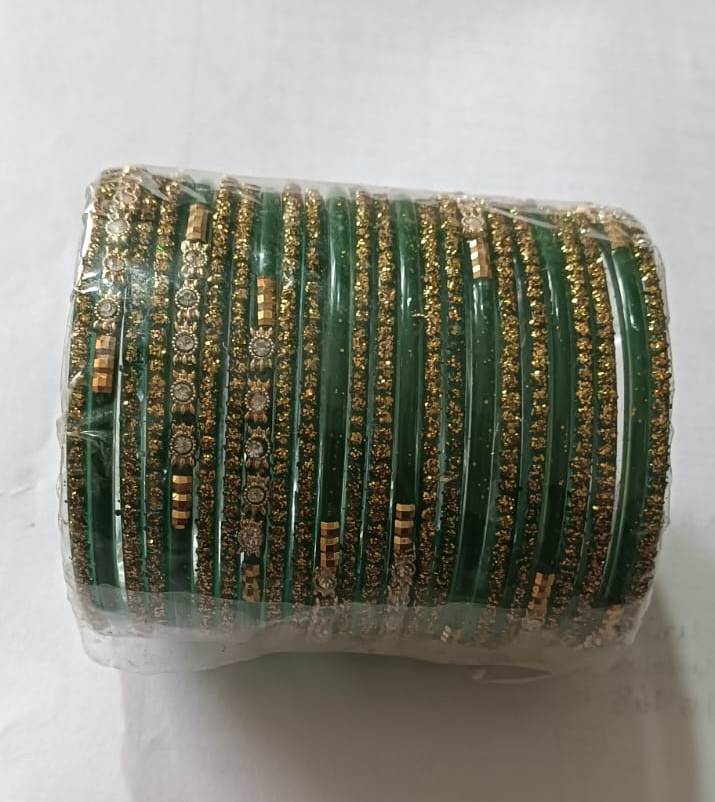  Green Glass Bangles with Golden Rhinestones