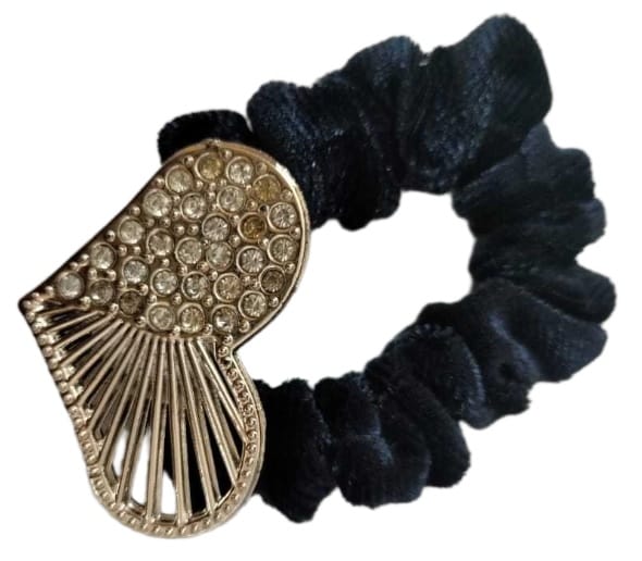  Black Velvet Rhinestone Heart Scrunchie