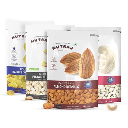 Nutraj Dry Fruits Cobmo Pack 1 Kg (California Almonds 250g, Cashews 250gm, Roasted Salted Pistachios 250g, Raisins 250g)