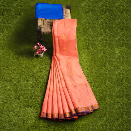 Peach with blue colored Pure soft silk Kanjivaram Silk Saree With Floral Butta Design