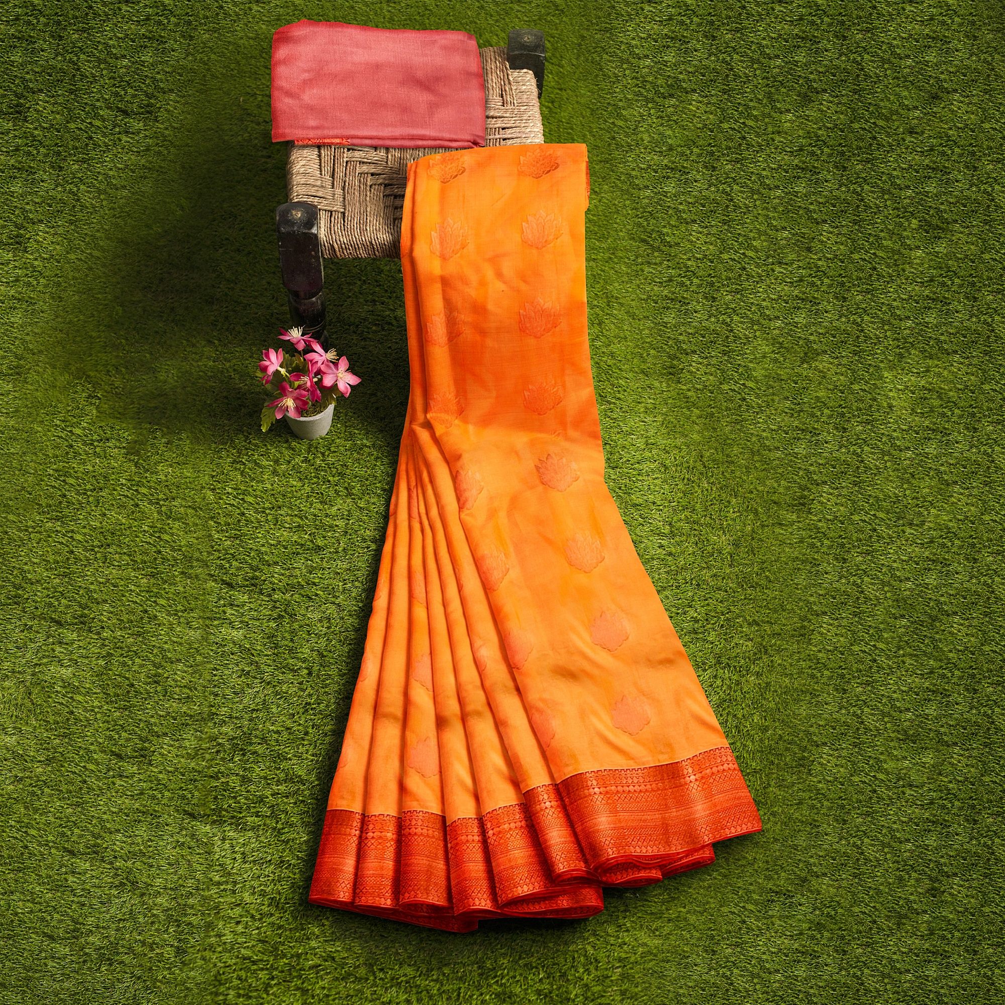 orange with red color pure soft silk saree