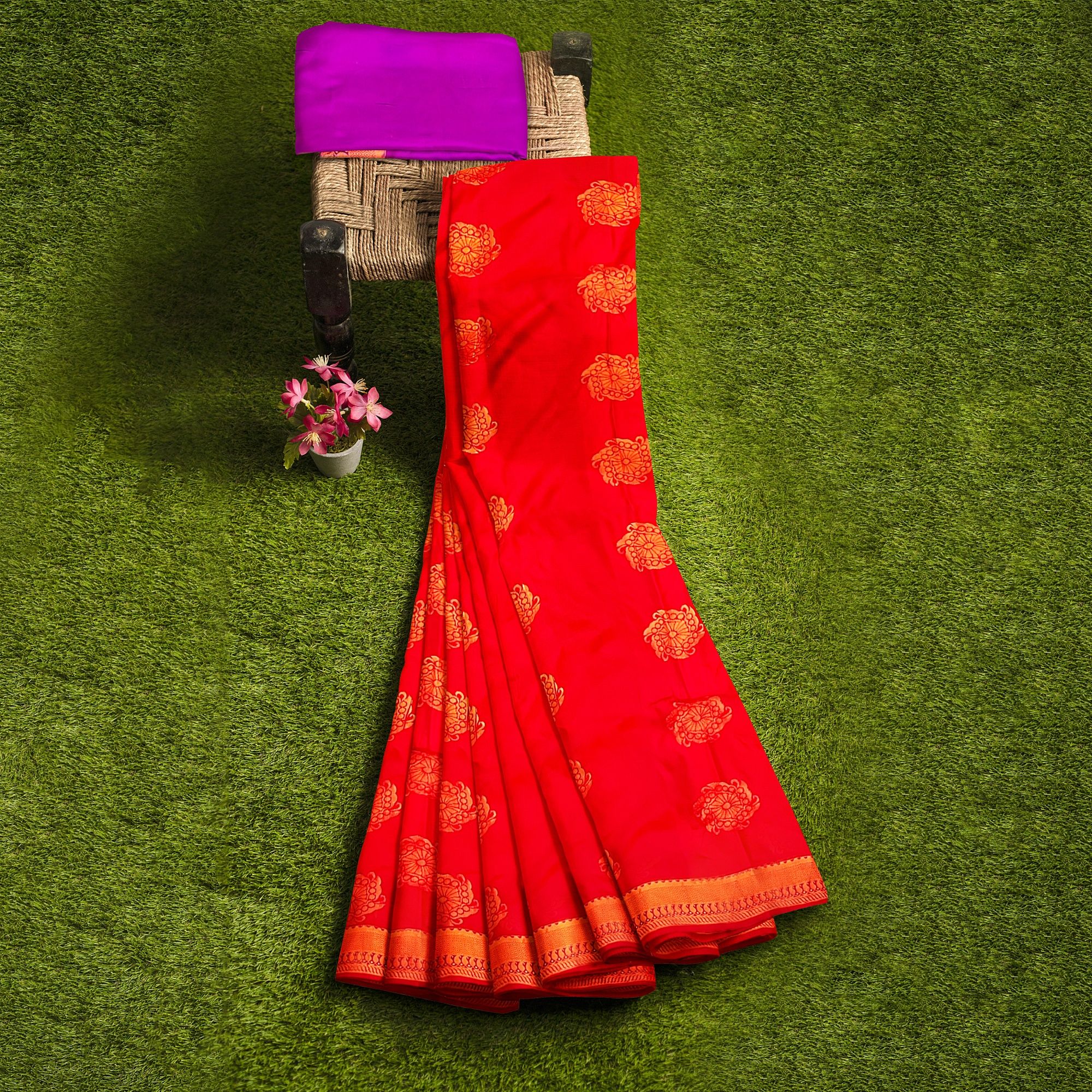 Red pure soft Silk Saree With Golden Zari Woven Floral Butta And Border