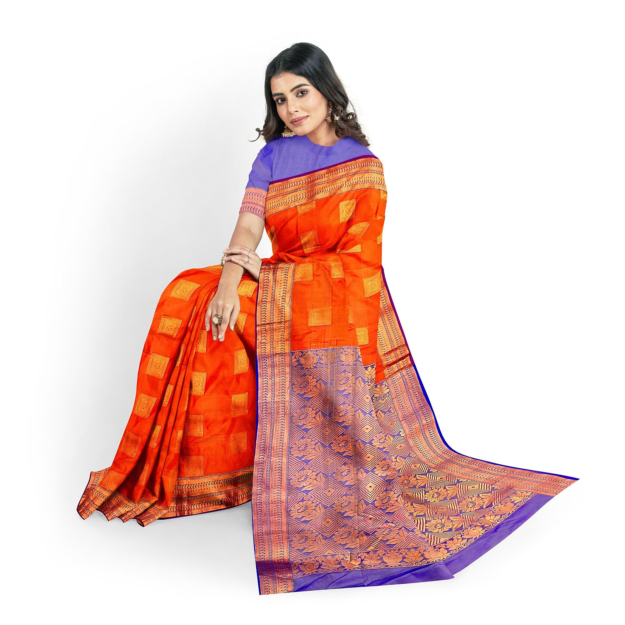 Orange and Blue pure soft Silk Saree With Blouse Piece