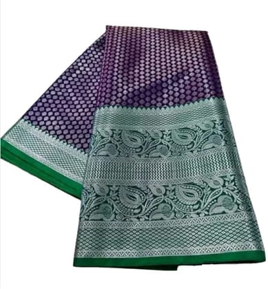  Purple and Green Silk Saree With Silver Zari Border