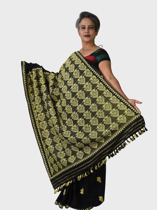 BLACK YELLOW HANDLOOM COTTON SAREE