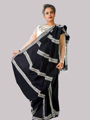 BLACK COTTON SAREE WITH ERI SILK WORK