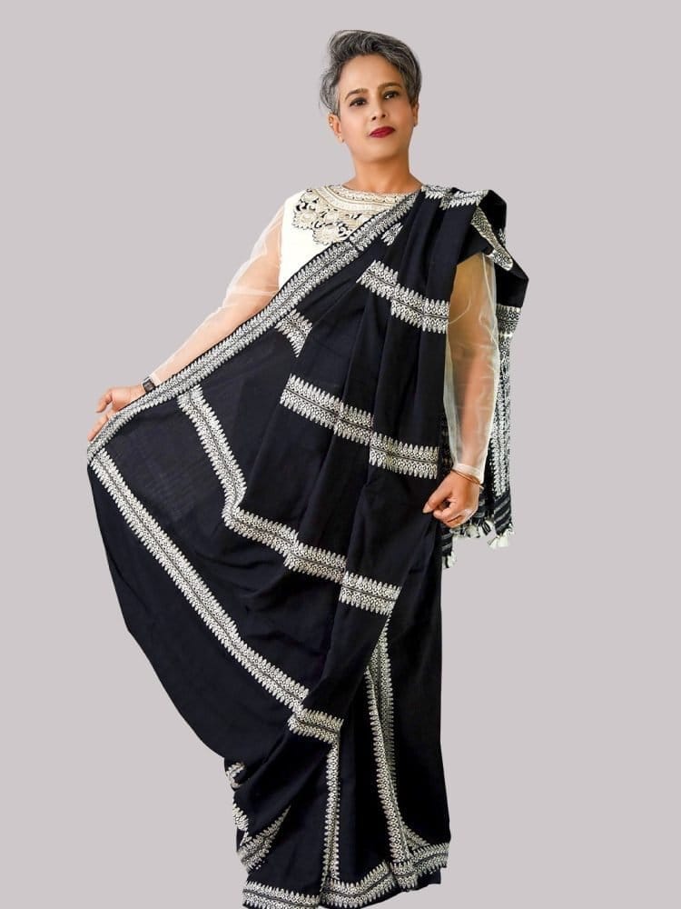 BLACK COTTON SAREE WITH ERI SILK WORK