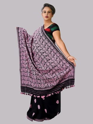 APPLE PINK BLACK HANDWOVEN COTTON SAREE