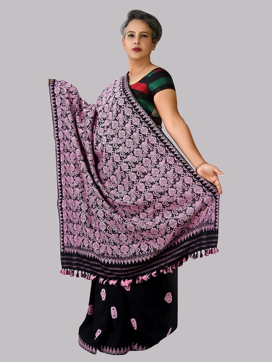 APPLE PINK BLACK HANDWOVEN COTTON SAREE