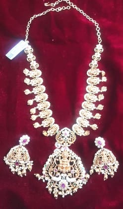  Stunning Lakshmi Temple Haram Necklace Set in Gold with Pearls and Rubies