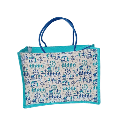 Handcrafted Jute Travel Bag with Warli Painting - Blue