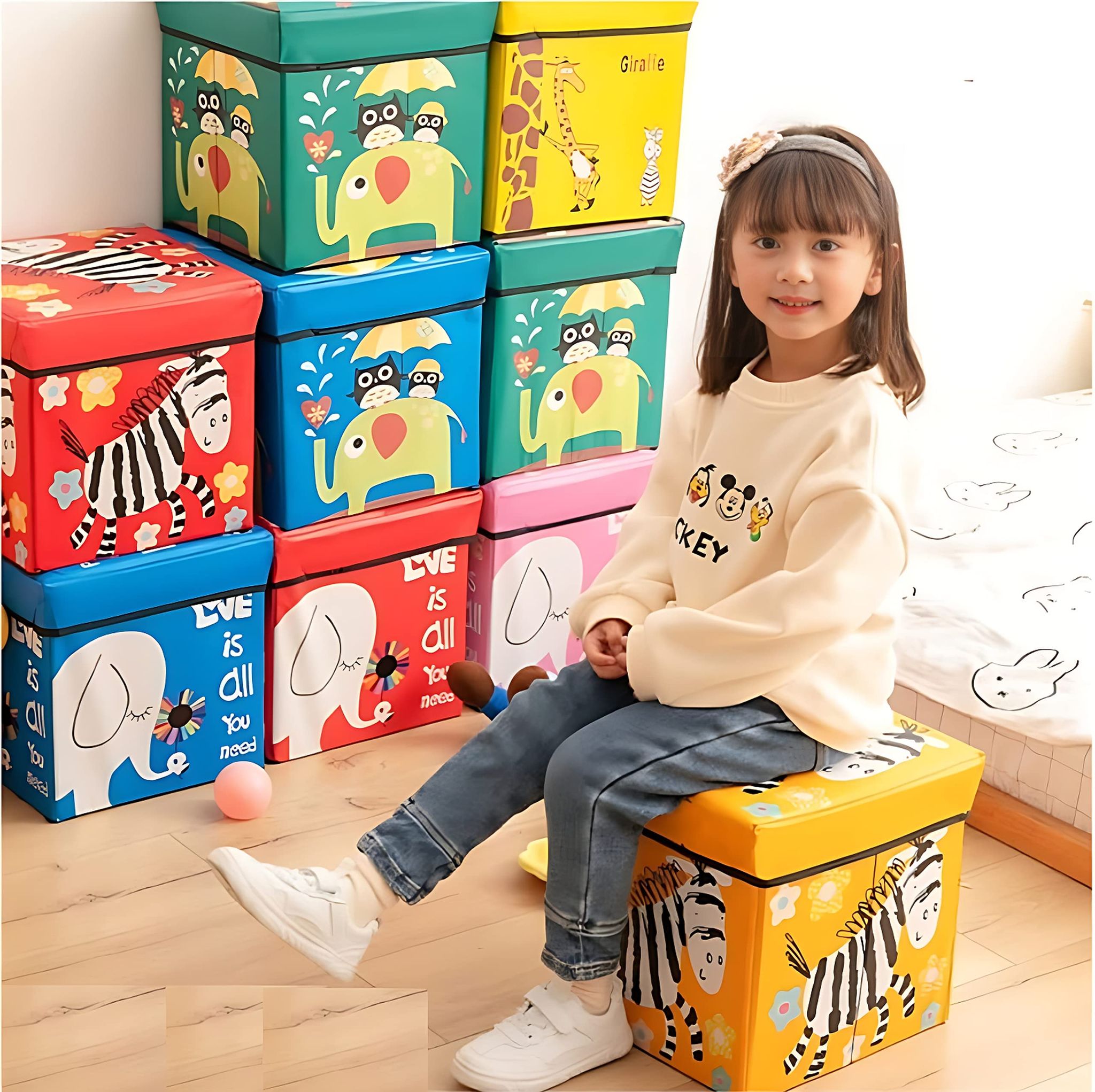 Faircost Kids Folding Multi Purpose Toy Storage Box Cum Chair Cartoon Printed Square Shaped Random Cartoon Print Multi Color