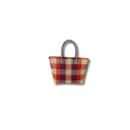  Small Handwoven Market Tote Bag with Red and Blue Gingham Pattern