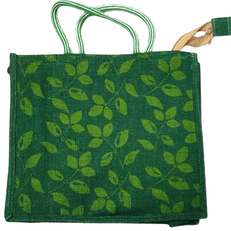 Green Jute Tote Bag with Leaf Print For MultiPurpose Use