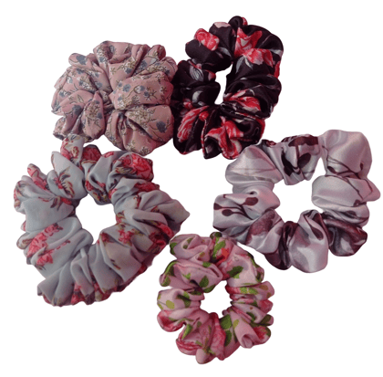  5PCS Floral Chiffon Scrunchies Hair Ties Ponytail Holder for Women Girls