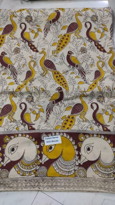 Hand-woven Kalamkari cotton fabric with elephant and peacock motifs