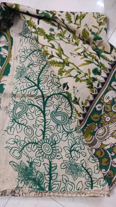 Green Floral Kalamkaree Print Cotton Saree