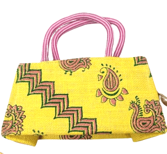 Yellow and Pink Jute Bag /Hand Bag/Side Bag with Printed