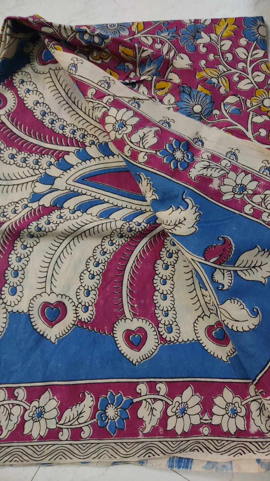  Blue and Maroon Kalamkari Hand Block Printed Cotton Saree With Blouse Piece