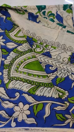 Printed Kalamkaree Blue and Green Floral Cotton Fabric