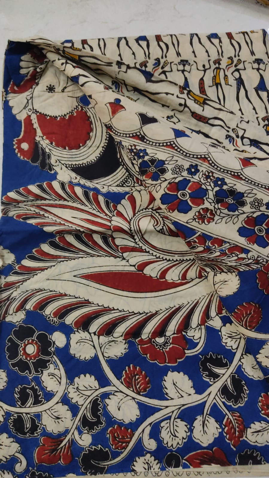 Blue Hand Block Kalamkaari Printed Cotton Fabric with Floral and Peacock Motifs