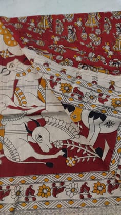  "Red and White Handwoven Cotton Saree with Elephant and Floral Prints"